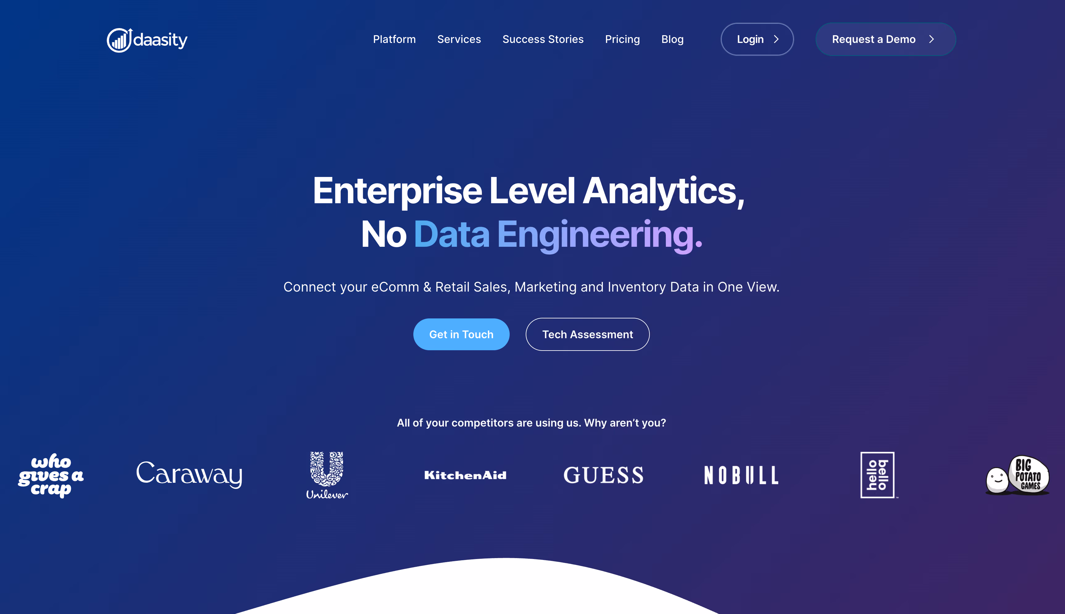 Daasity website homepage, an ELT and analytics platform for consumer product and e-commerce brands