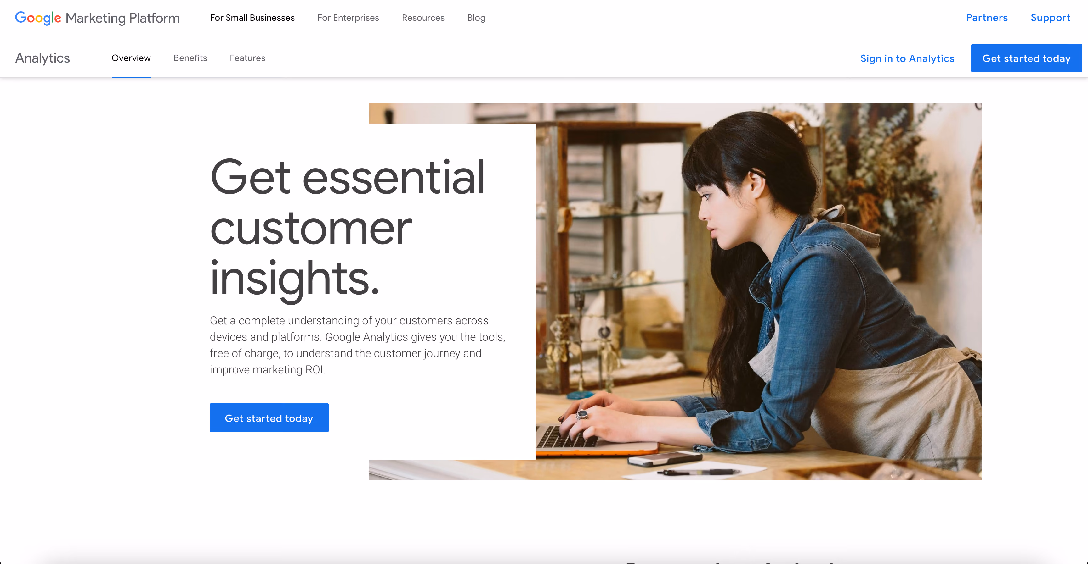 Google Analytics 4 (GA4) website homepage, a free web and ecommerce analytics platform for online stores