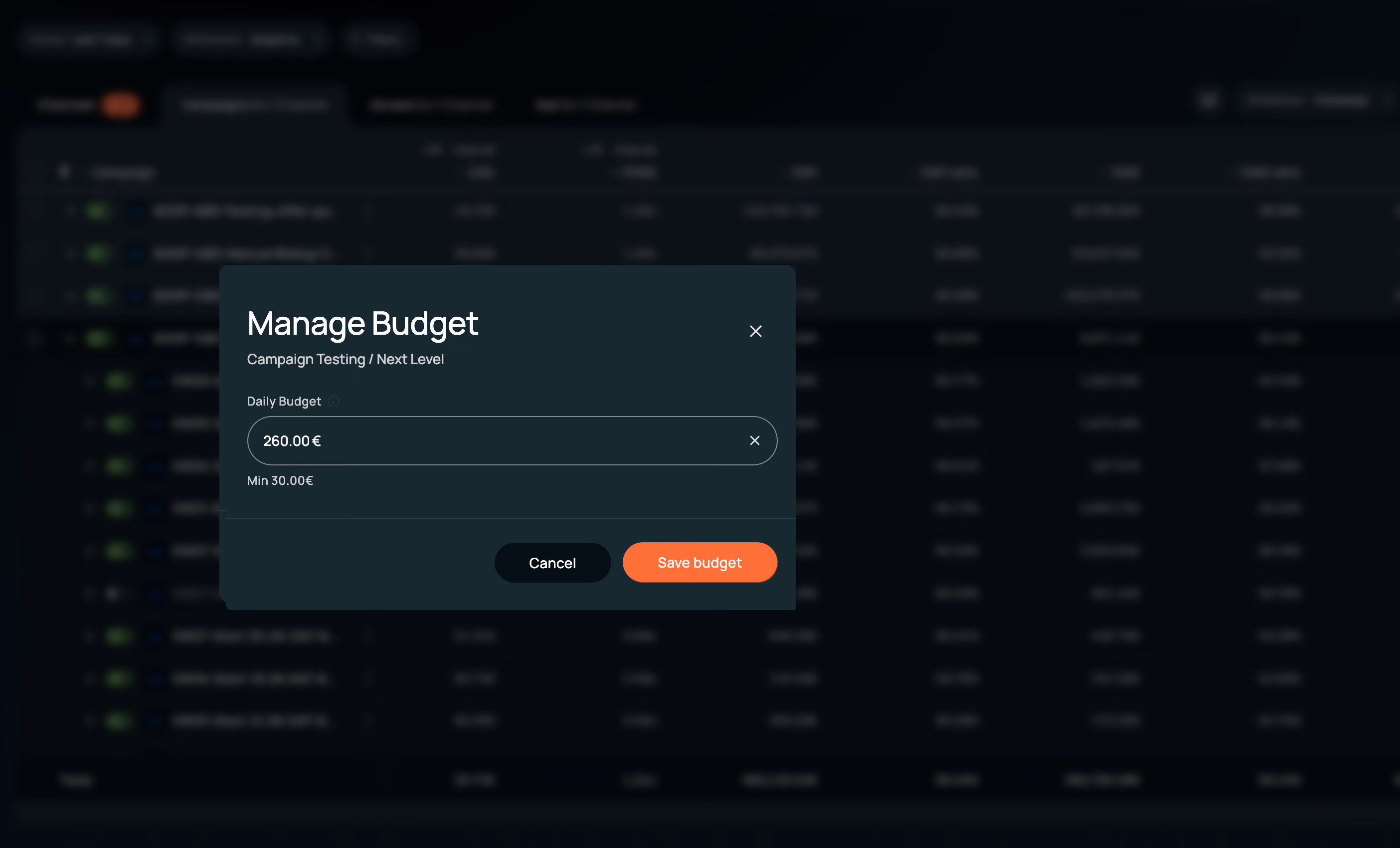 Admetrics reporting table with inline edit open