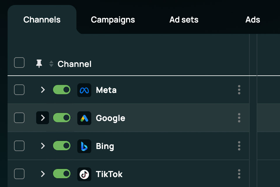 Admetrics multi-platform table