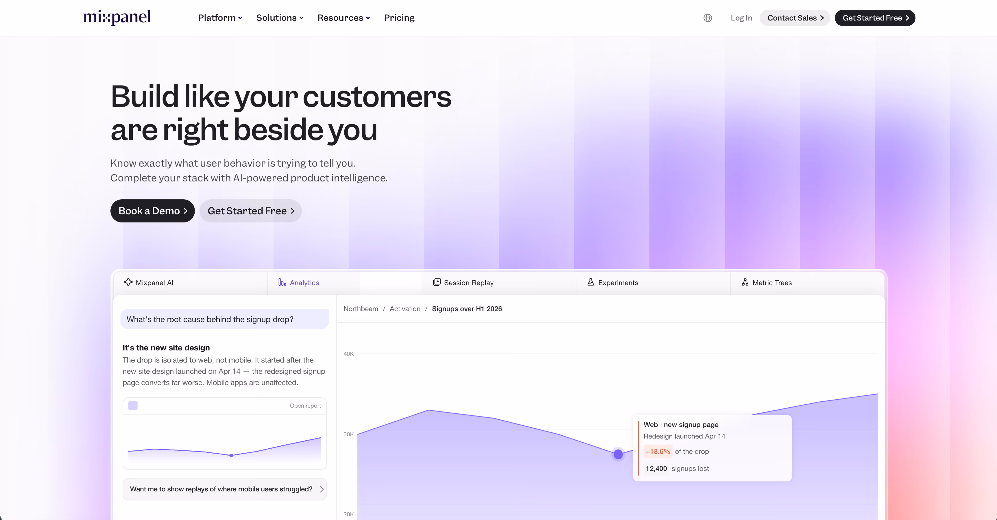 Mixpanel website homepage, a multi-touch attribution platform for large ecommerce paid media teams