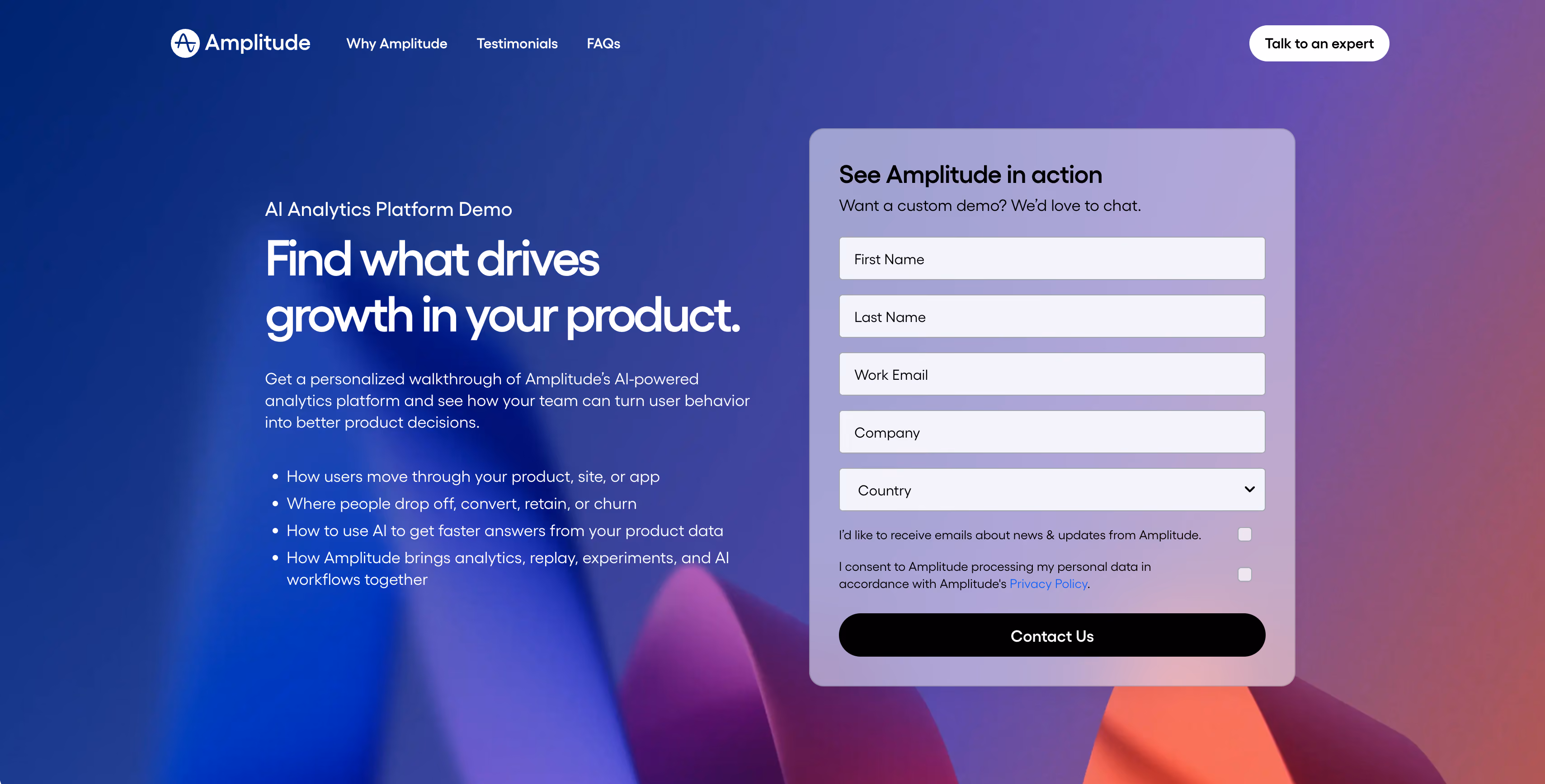 Amplitude website homepage, a Shopify-native attribution and blended ROAS platform for DTC brands