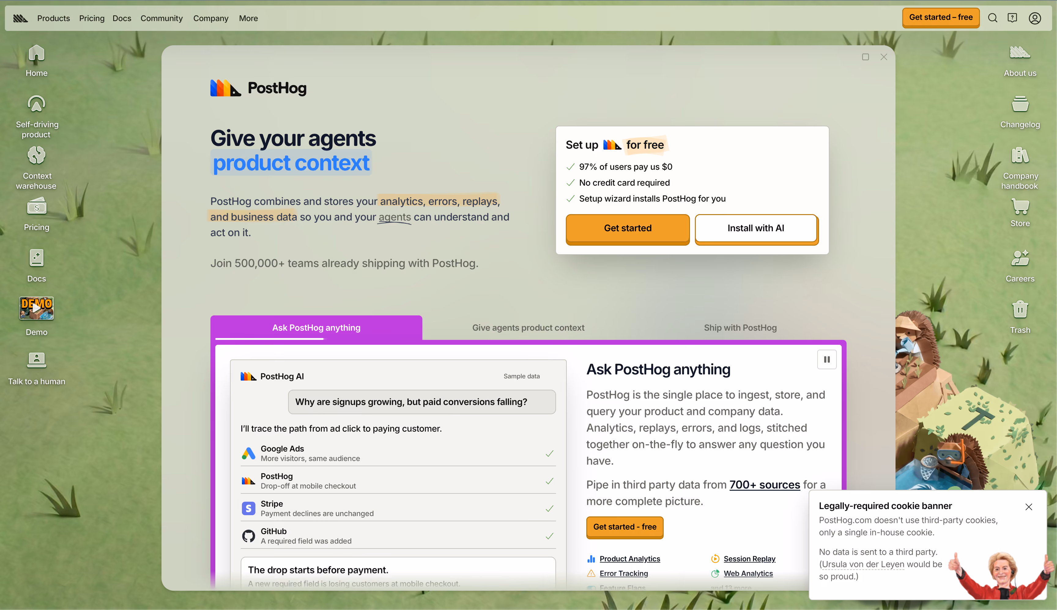 PostHog website homepage, a closed-loop call and lead attribution platform for lead-gen businesses