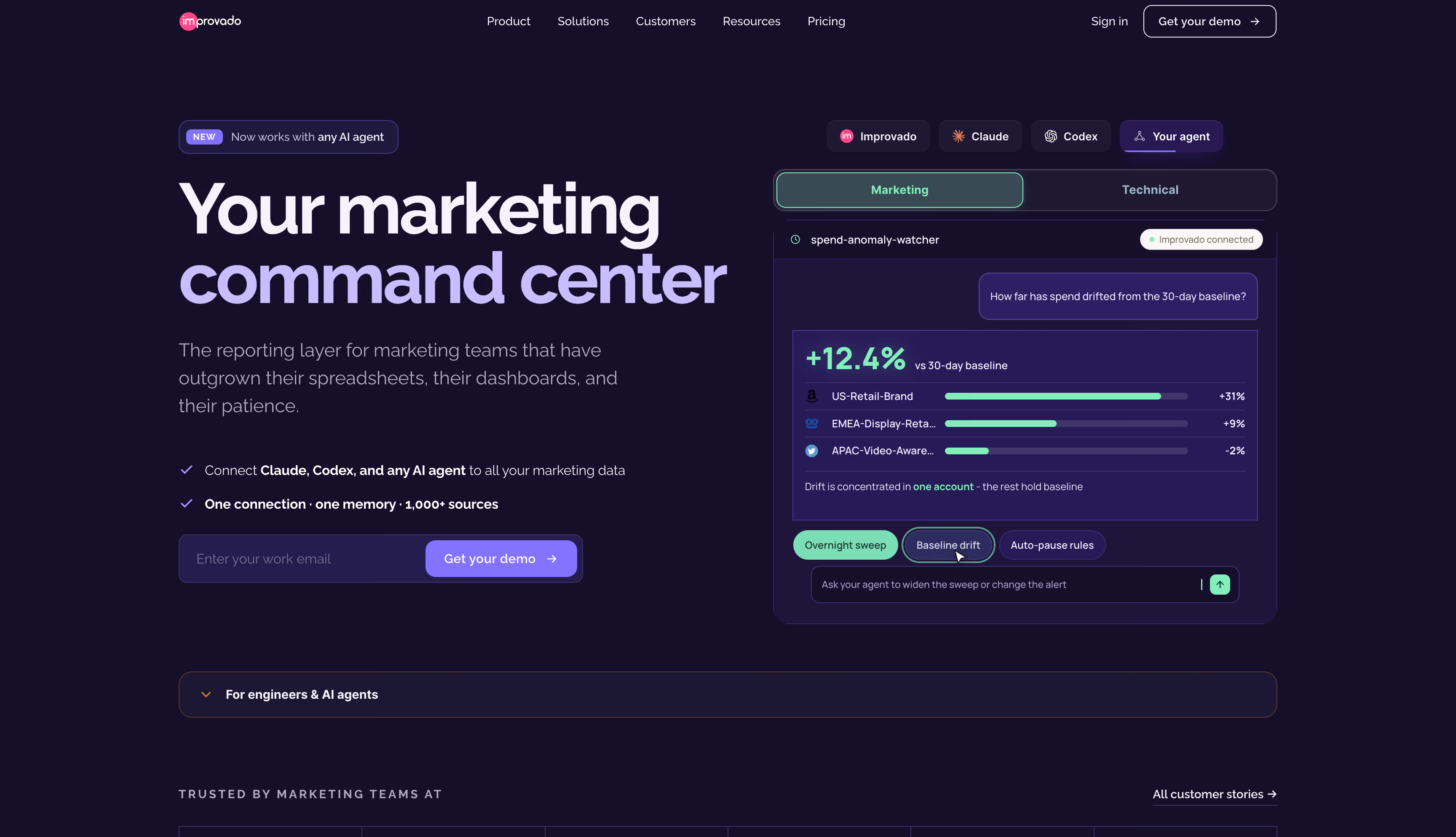 Improvado website homepage, a B2B account-level revenue attribution platform