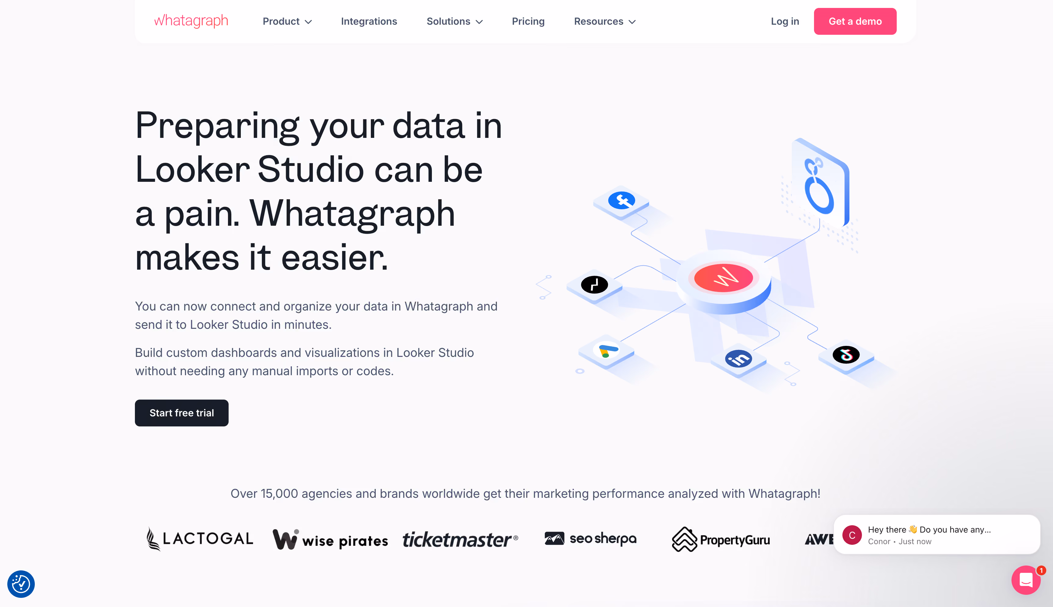 Whatagraph website homepage, a marketing data hub and ETL platform for multi-platform ad data