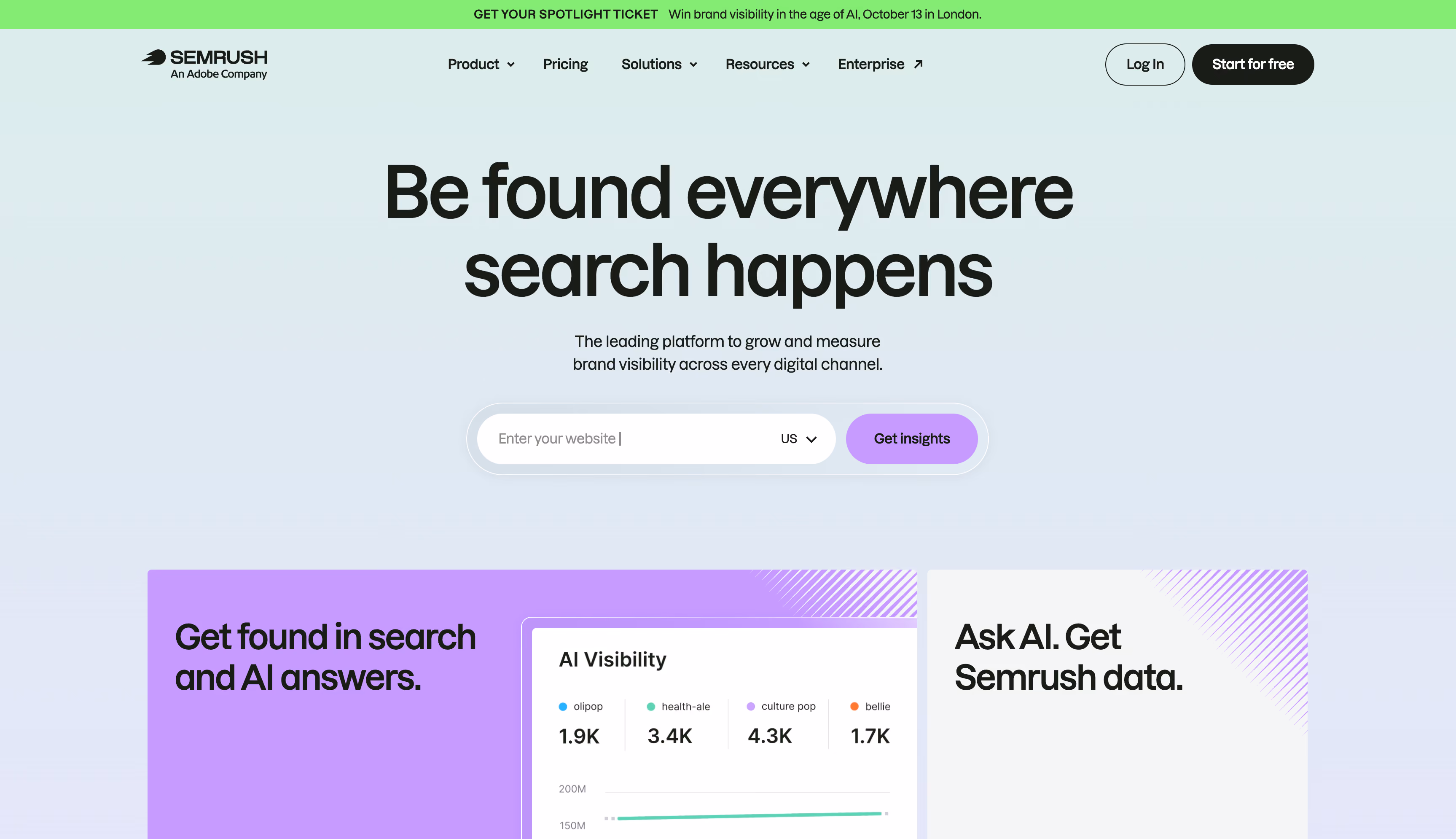 Semrush website homepage, an SEO and AI-search visibility platform