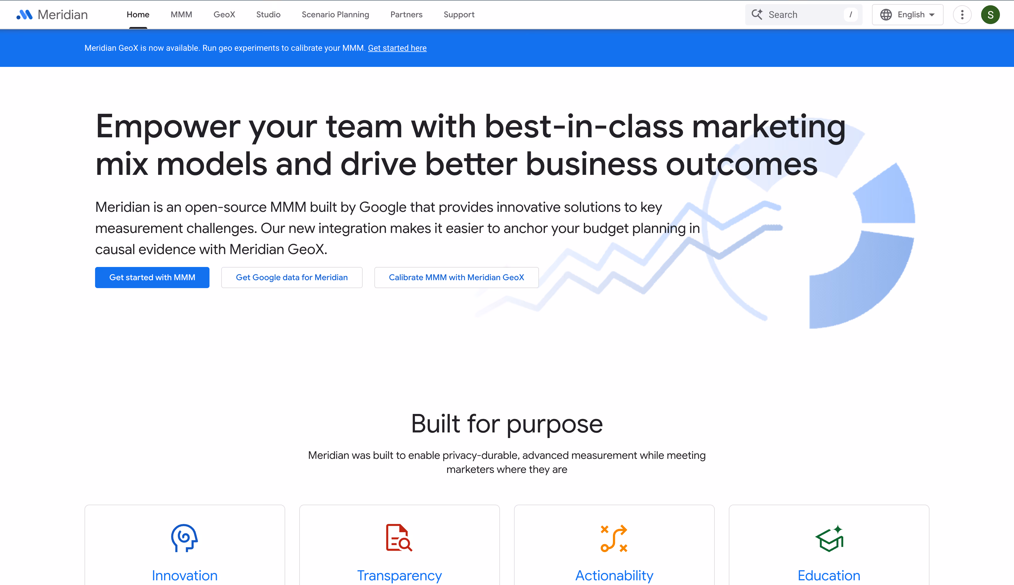 Google Meridian website homepage, a marketing data hub and ETL platform for multi-platform ad data