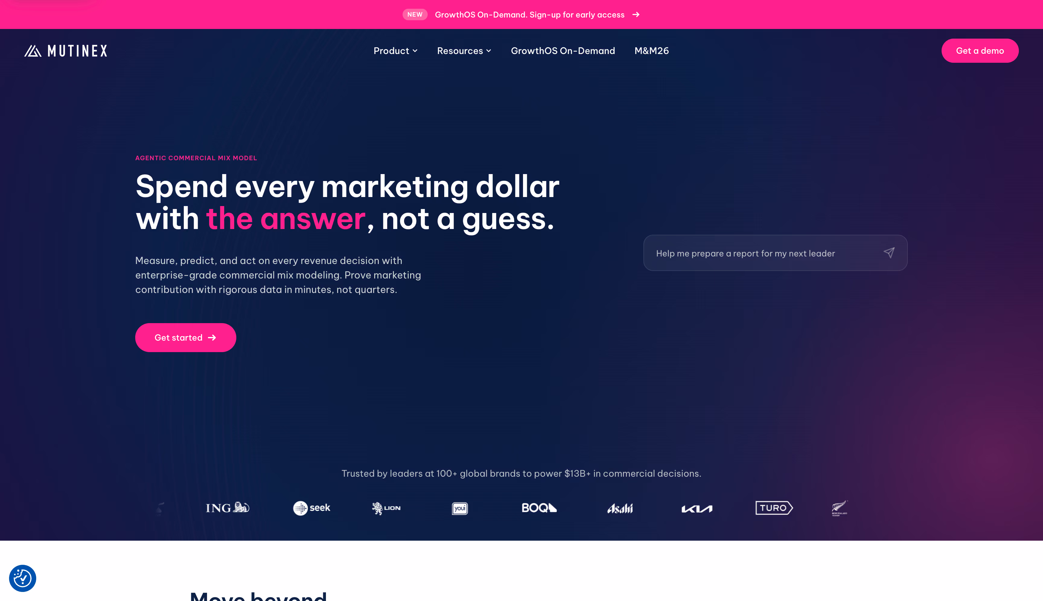 Mutinex website homepage, a behavioral attribution and budget optimization platform for enterprise advertisers