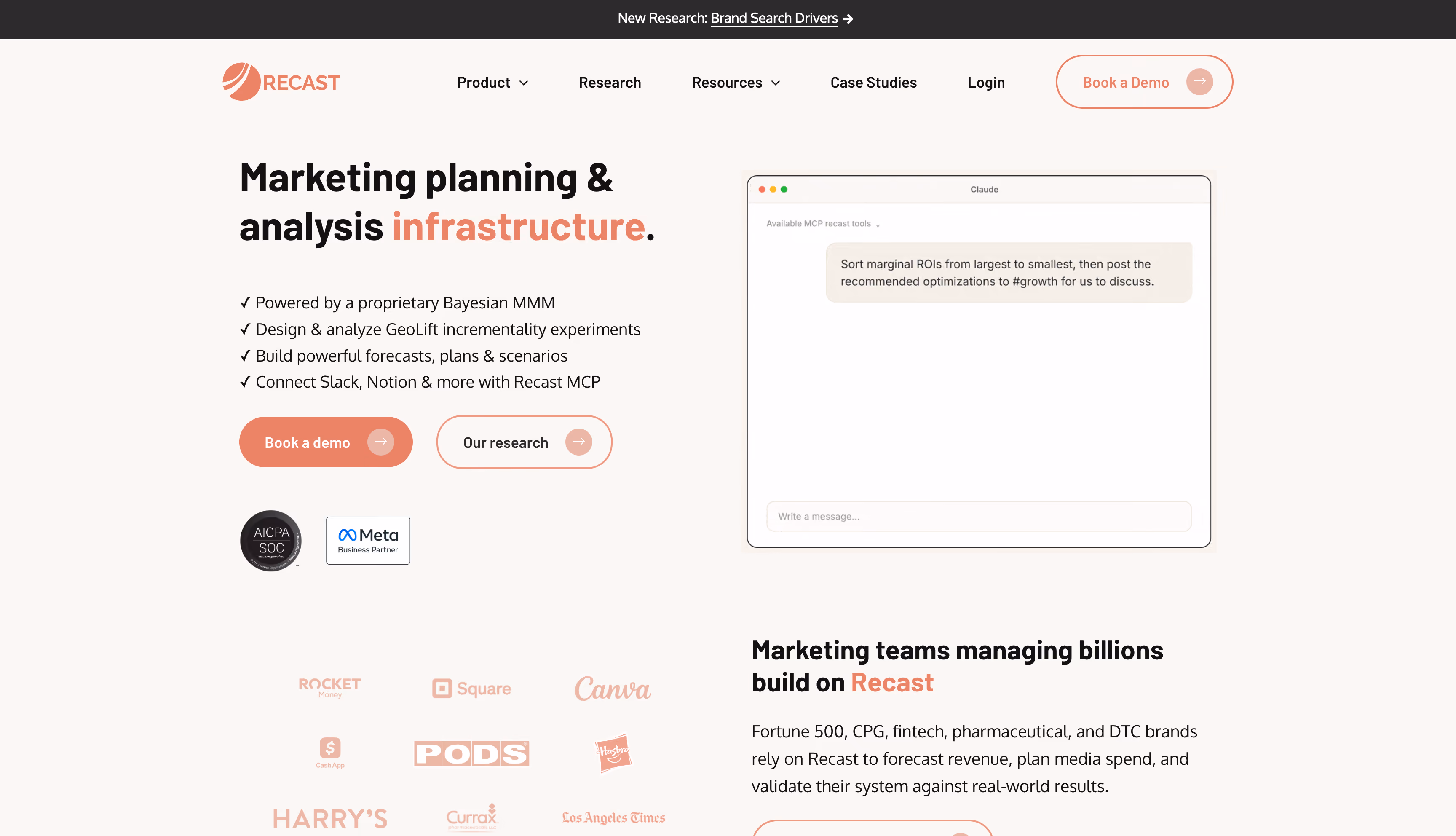 Recast website homepage, a multi-touch attribution platform for large ecommerce paid media teams