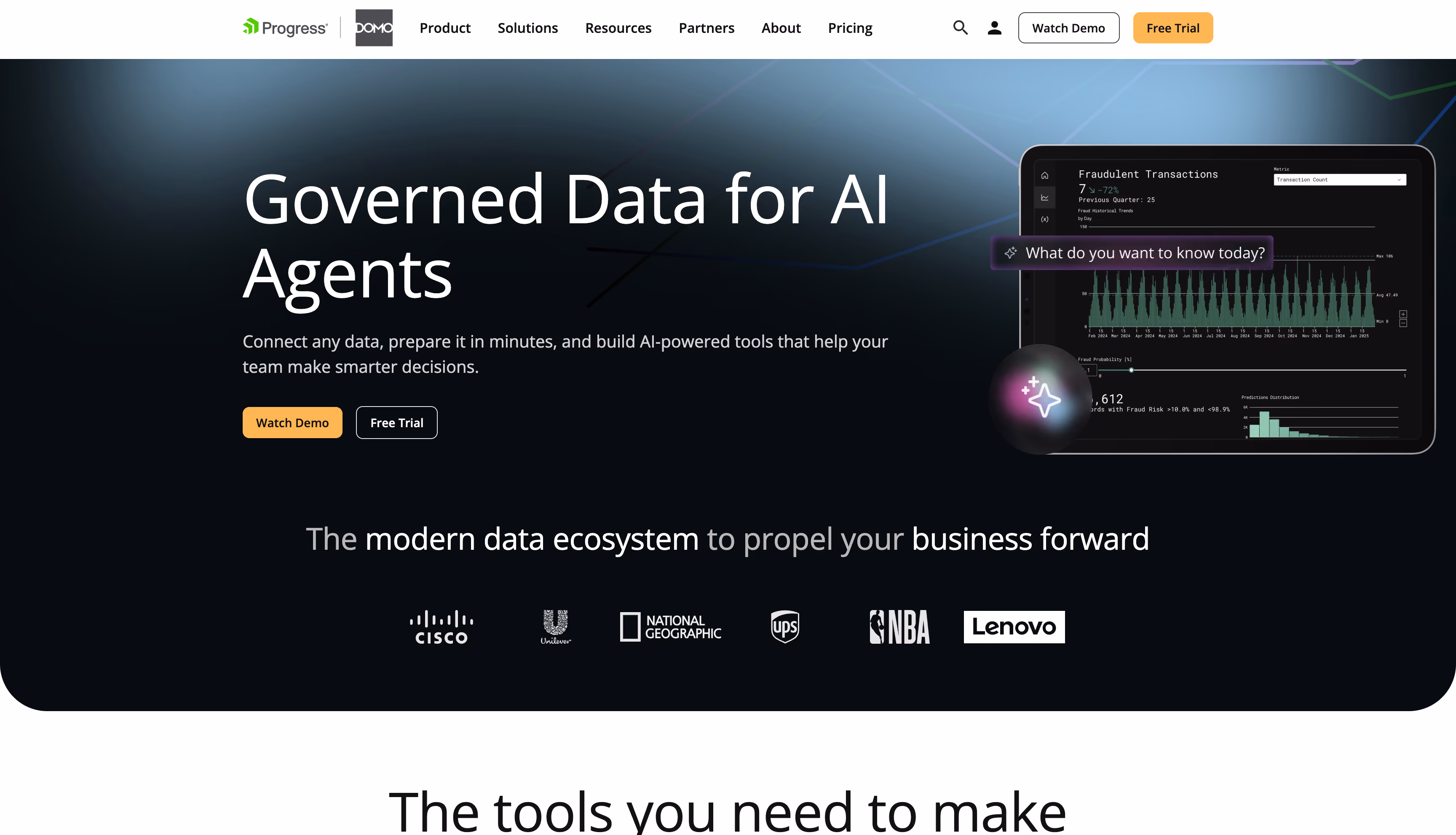 Domo website homepage, a cross-functional BI and agentic AI platform