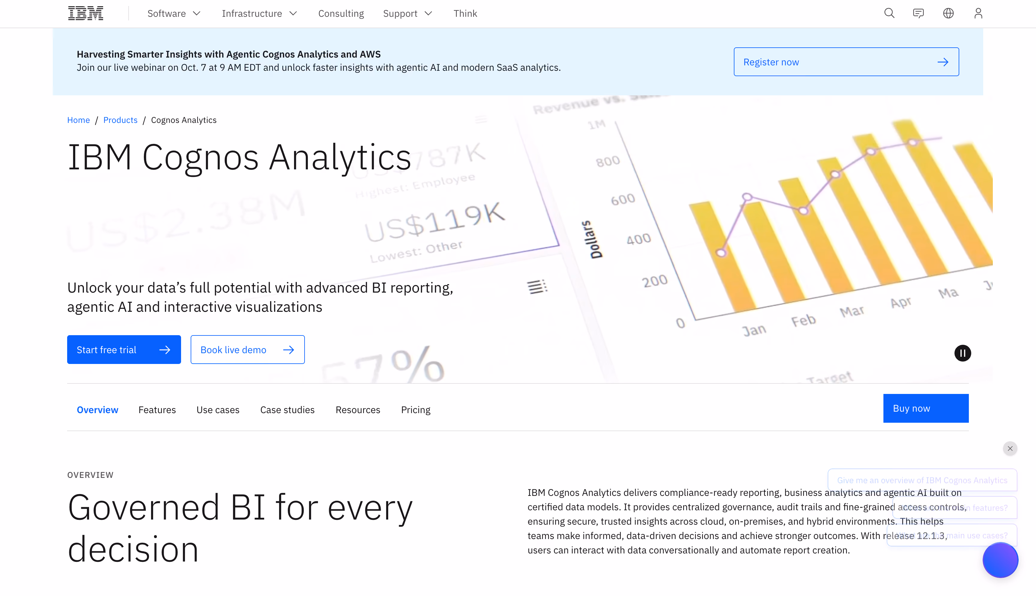 IBM Cognos Analytics website homepage, an enterprise platform for governed, pixel-perfect reporting