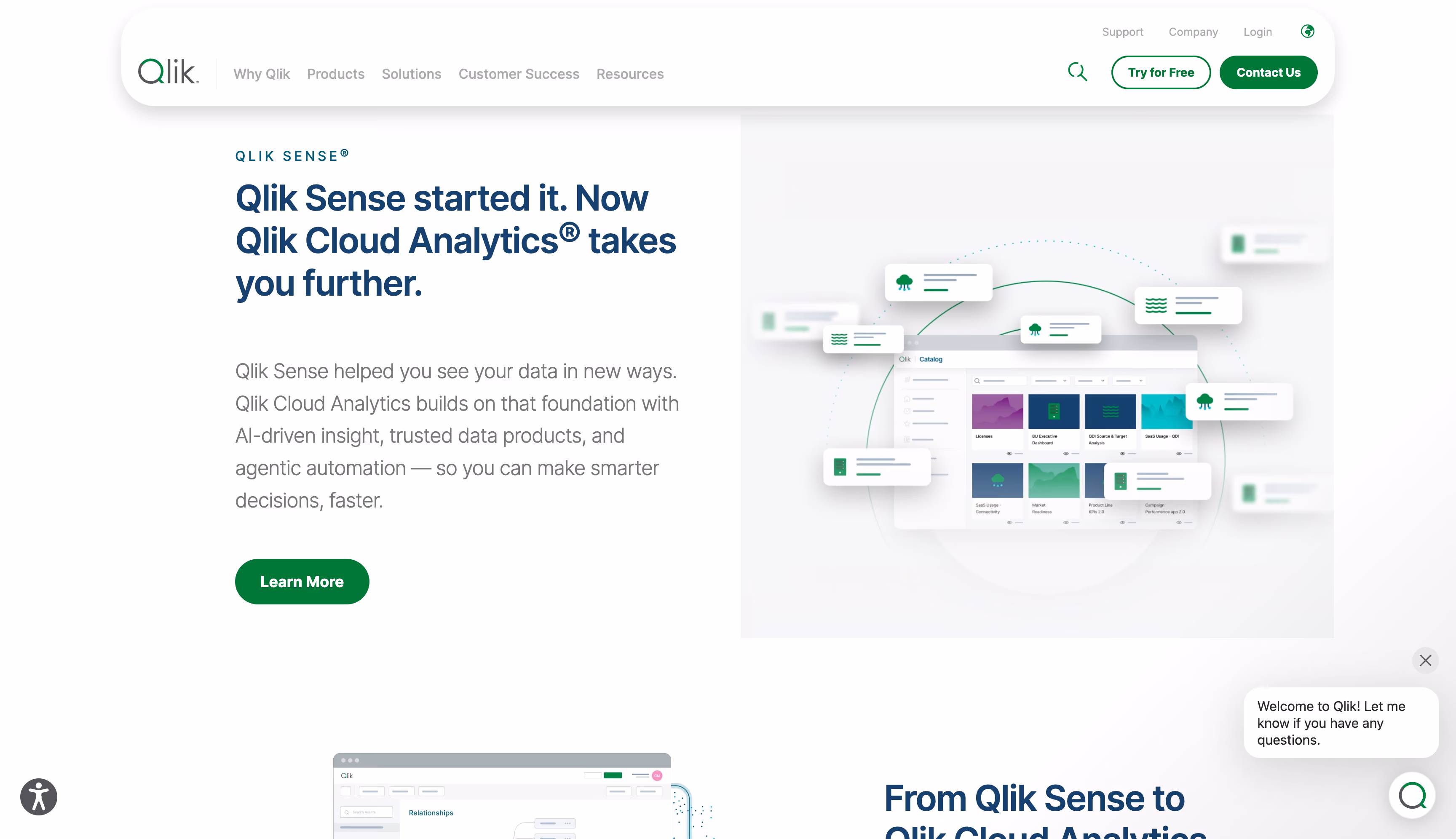 Qlik Sense website homepage, an associative analytics platform for complex multi-source data
