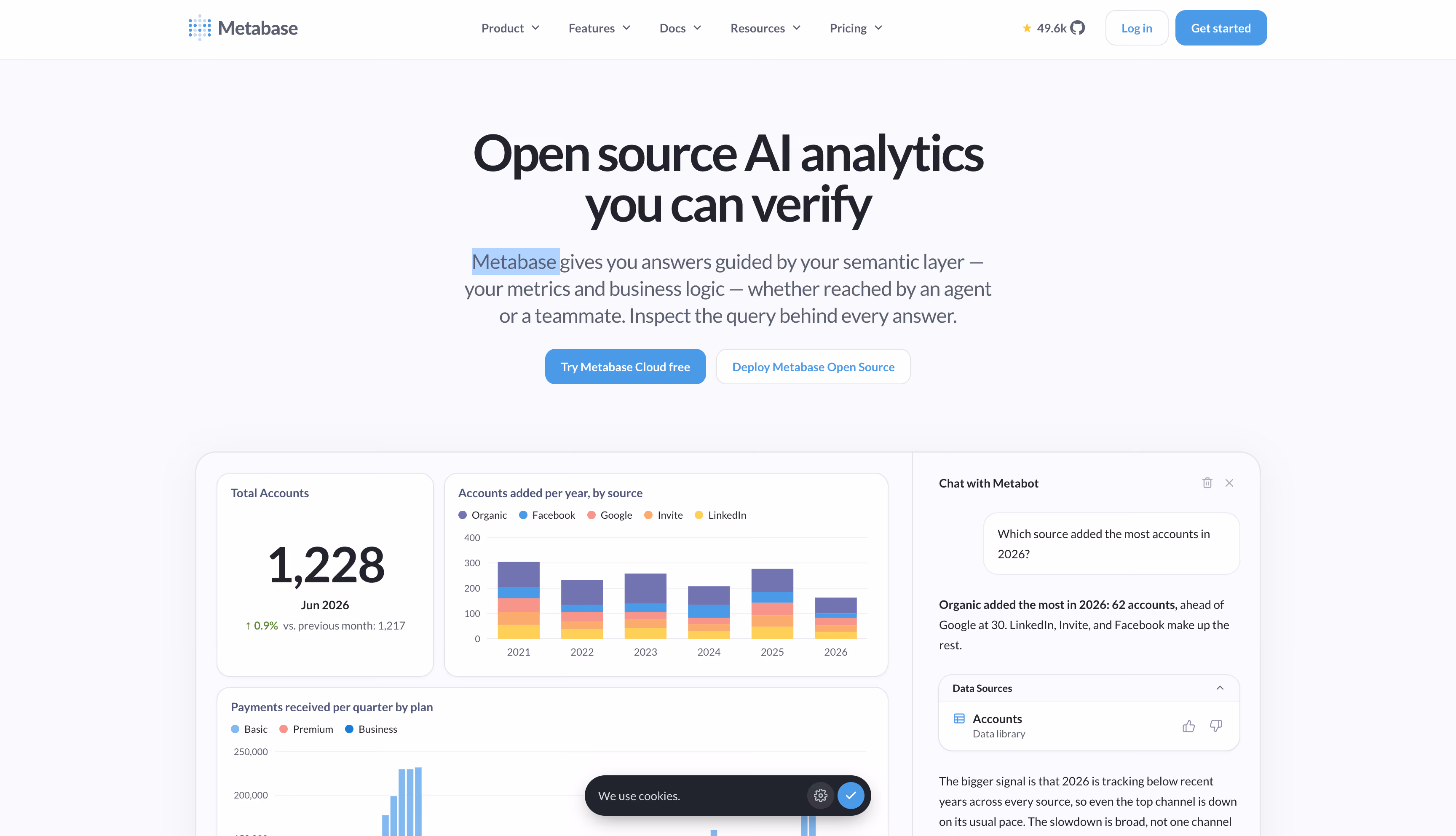 Metabase website homepage, an open-source BI tool for SQL-ready databases
