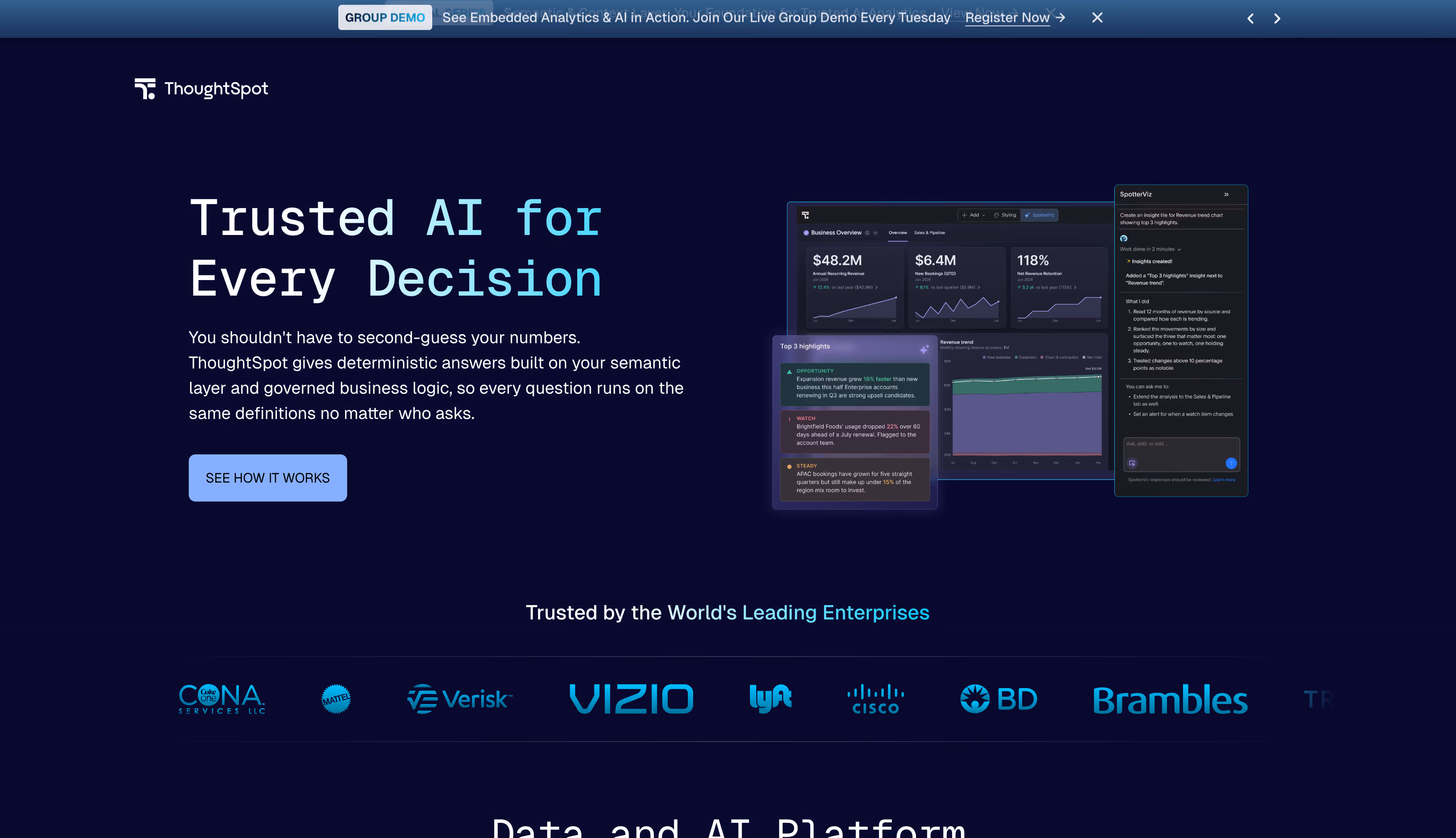 ThoughtSpot website homepage, a search-driven BI platform for cloud data warehouses