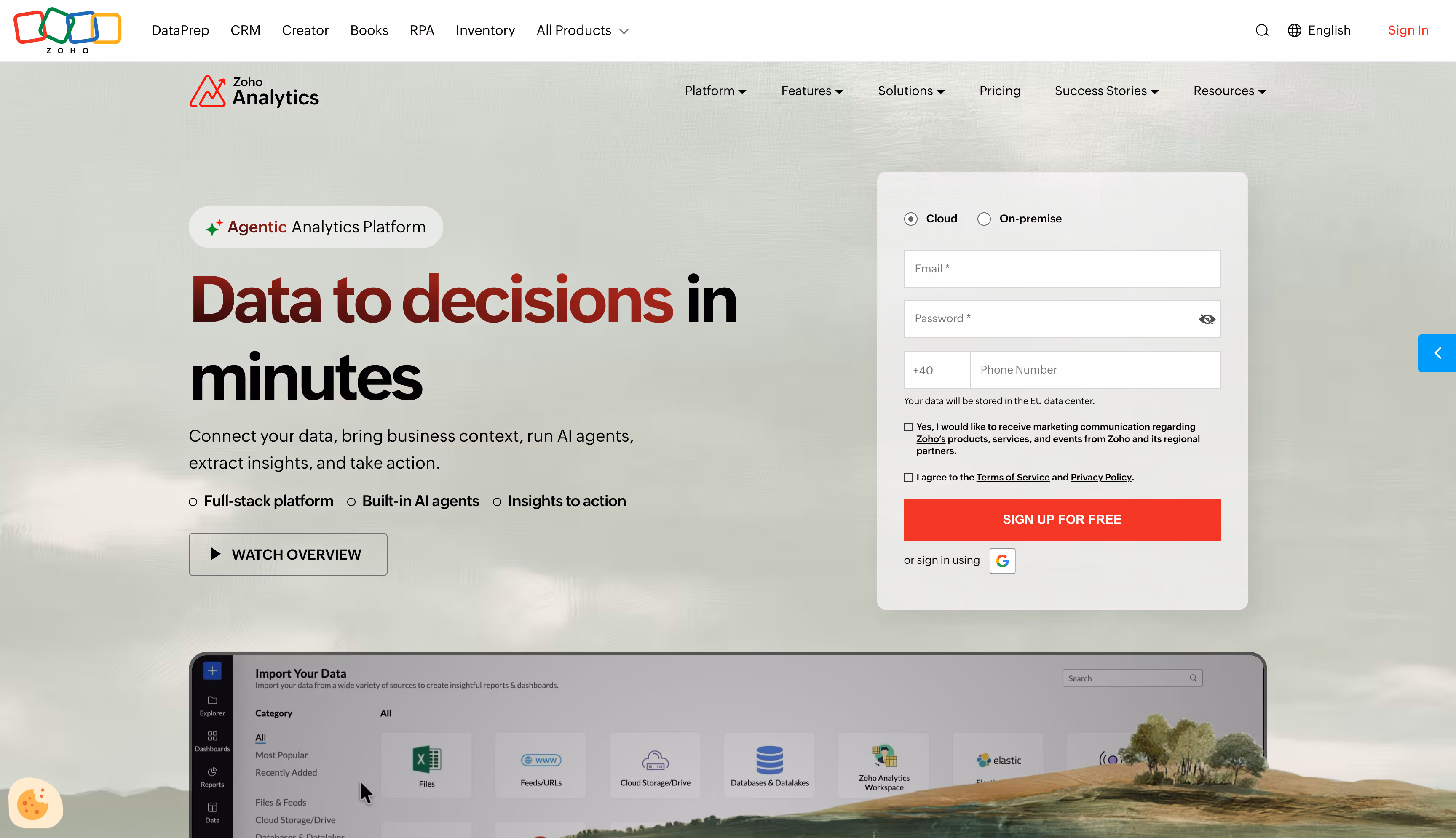 Zoho Analytics website homepage, a low-cost BI platform with prebuilt ecommerce and ad connectors
