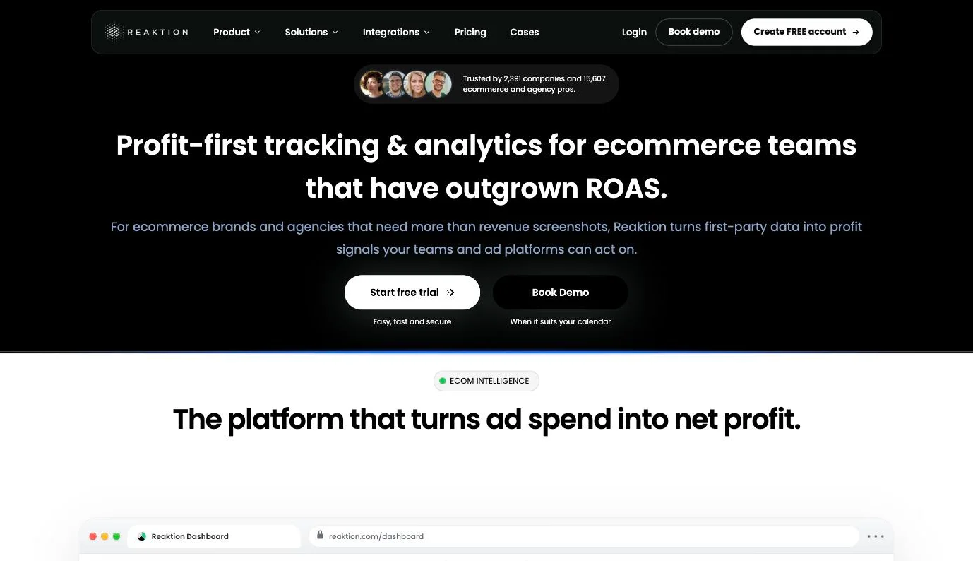 Reaktion homepage presenting its profit-first tracking and analytics for ecommerce teams