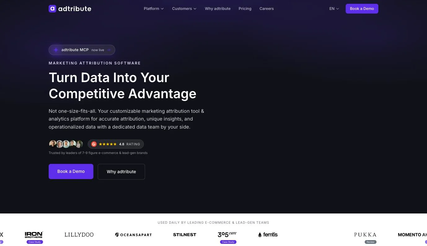 Adtribute homepage presenting its customizable marketing attribution software for ecommerce and lead-gen brands