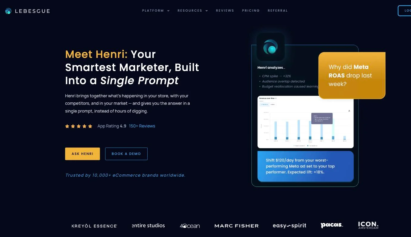 Lebesgue homepage presenting Henri, its AI marketer for ecommerce stores
