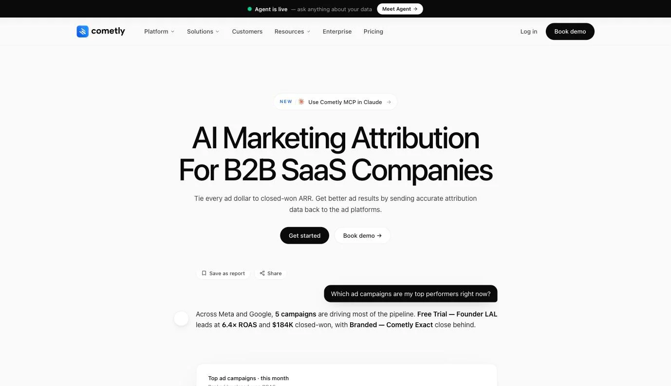 Cometly homepage presenting its marketing attribution platform for B2B SaaS and CRM revenue