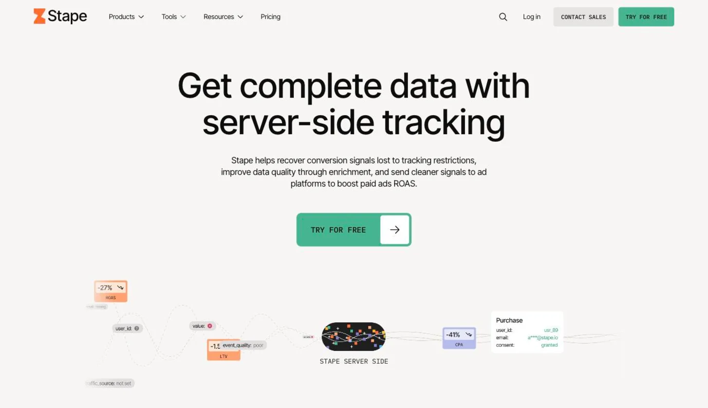Stape homepage presenting its managed server-side GTM hosting
