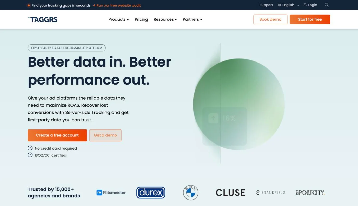 TAGGRS homepage presenting its server-side tracking and sGTM hosting platform