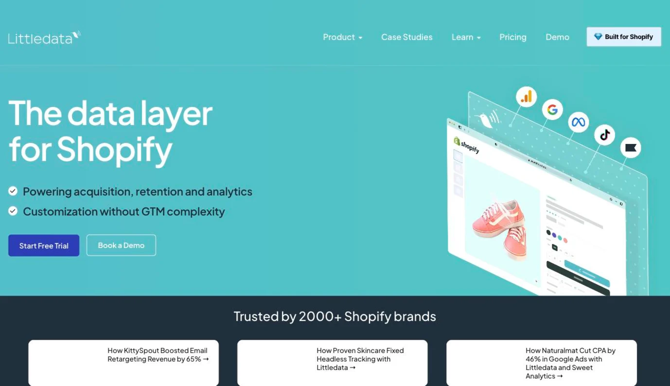 Littledata homepage presenting its server-side data layer for Shopify stores