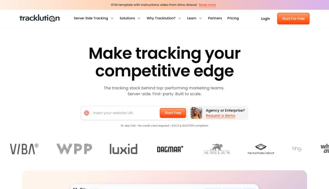 Tracklution homepage presenting its server-side, first-party tracking without GTM