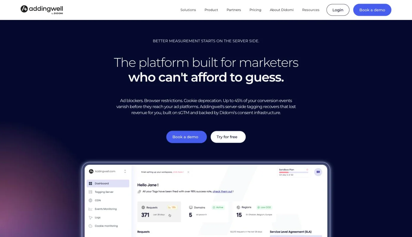 Addingwell homepage presenting its server-side tagging platform with tag monitoring
