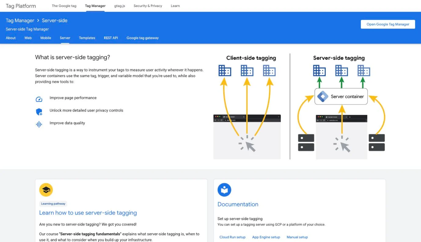 Google Tag Manager server-side tagging page comparing client-side and server-side tagging