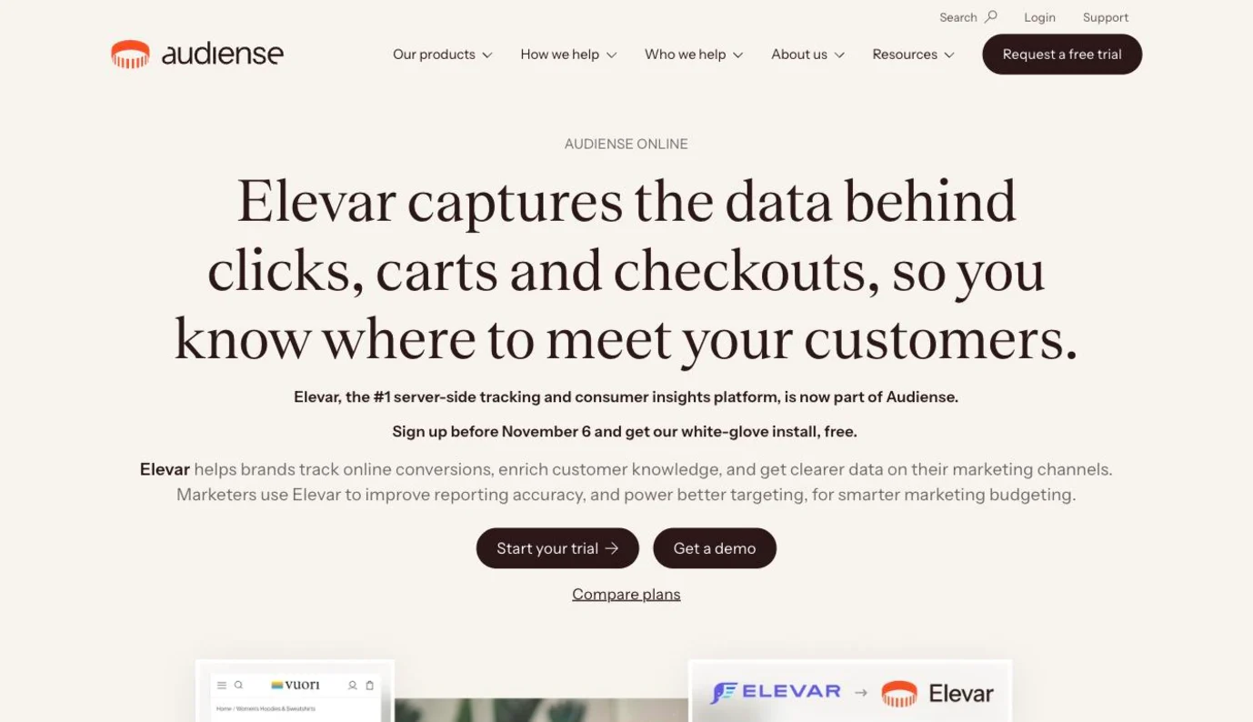 Elevar (Audiense Online) page presenting its server-side conversion tracking for Shopify brands