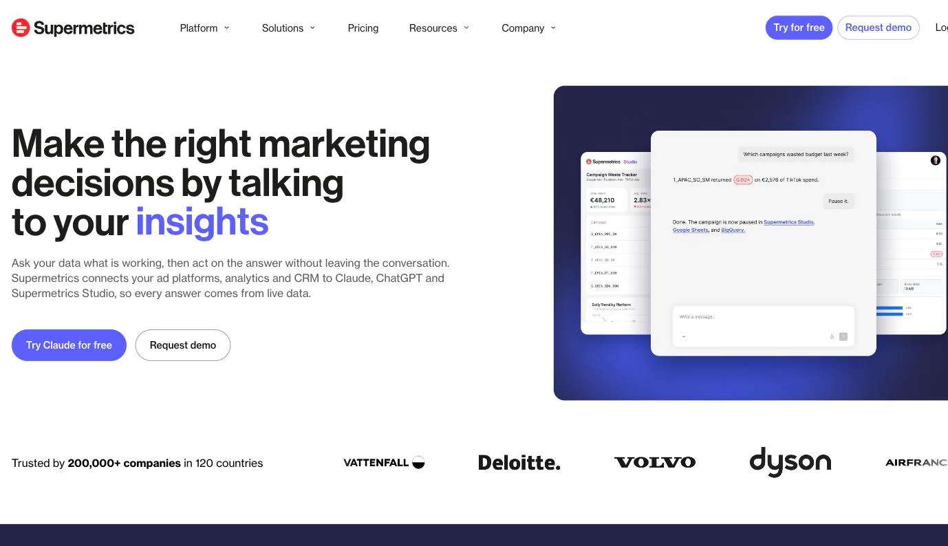Supermetrics homepage presenting its marketing data connectors and AI chat for marketing data