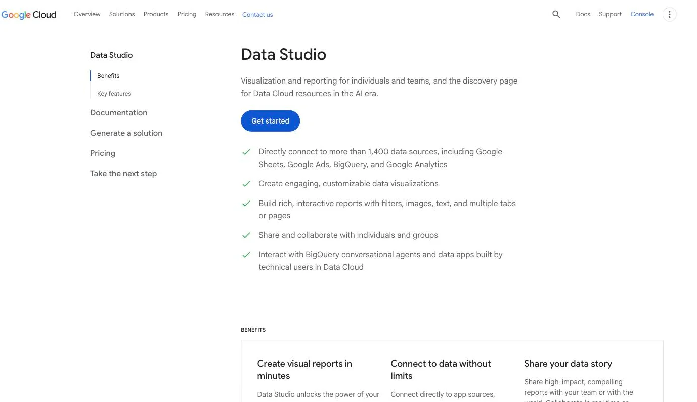 Google Cloud page for Data Studio, formerly Looker Studio
