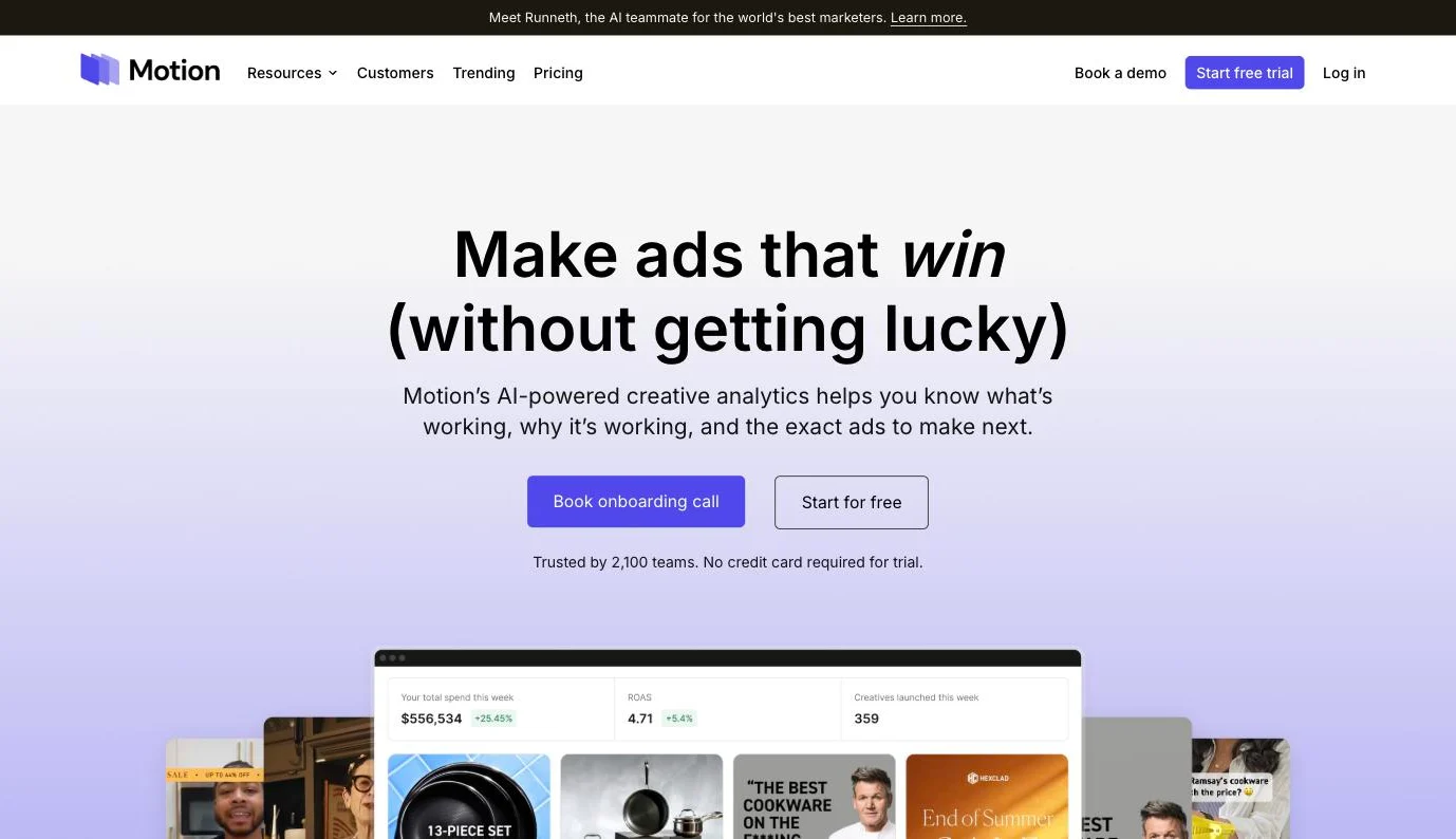 Motion homepage presenting its creative analytics for ad teams