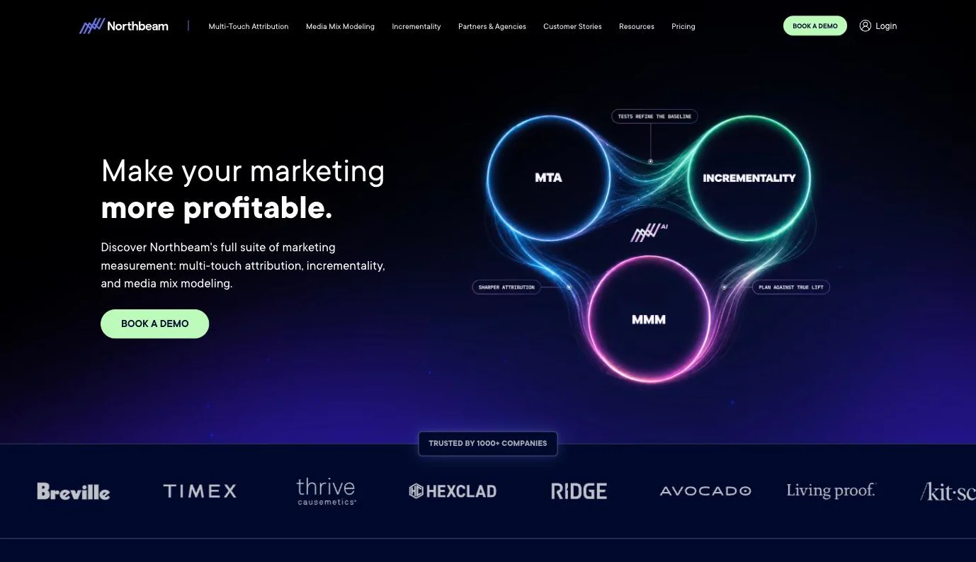 Northbeam homepage presenting multi-touch attribution, incrementality and media mix modeling