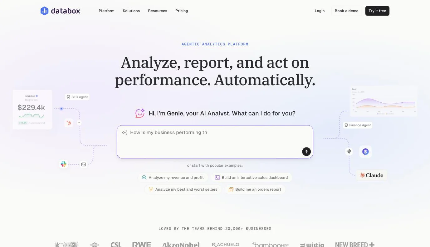 Databox homepage presenting its AI analyst and KPI dashboards