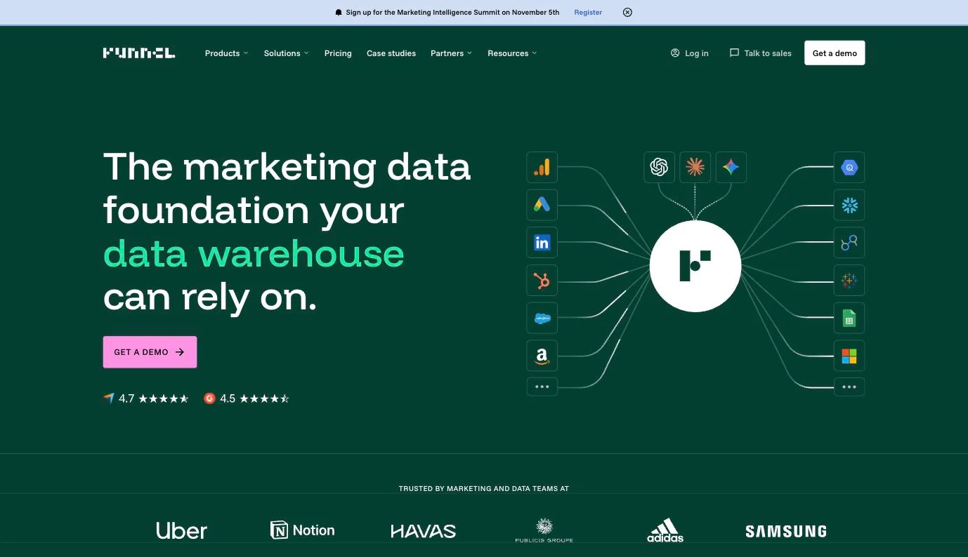 Funnel homepage presenting its marketing data hub and connectors