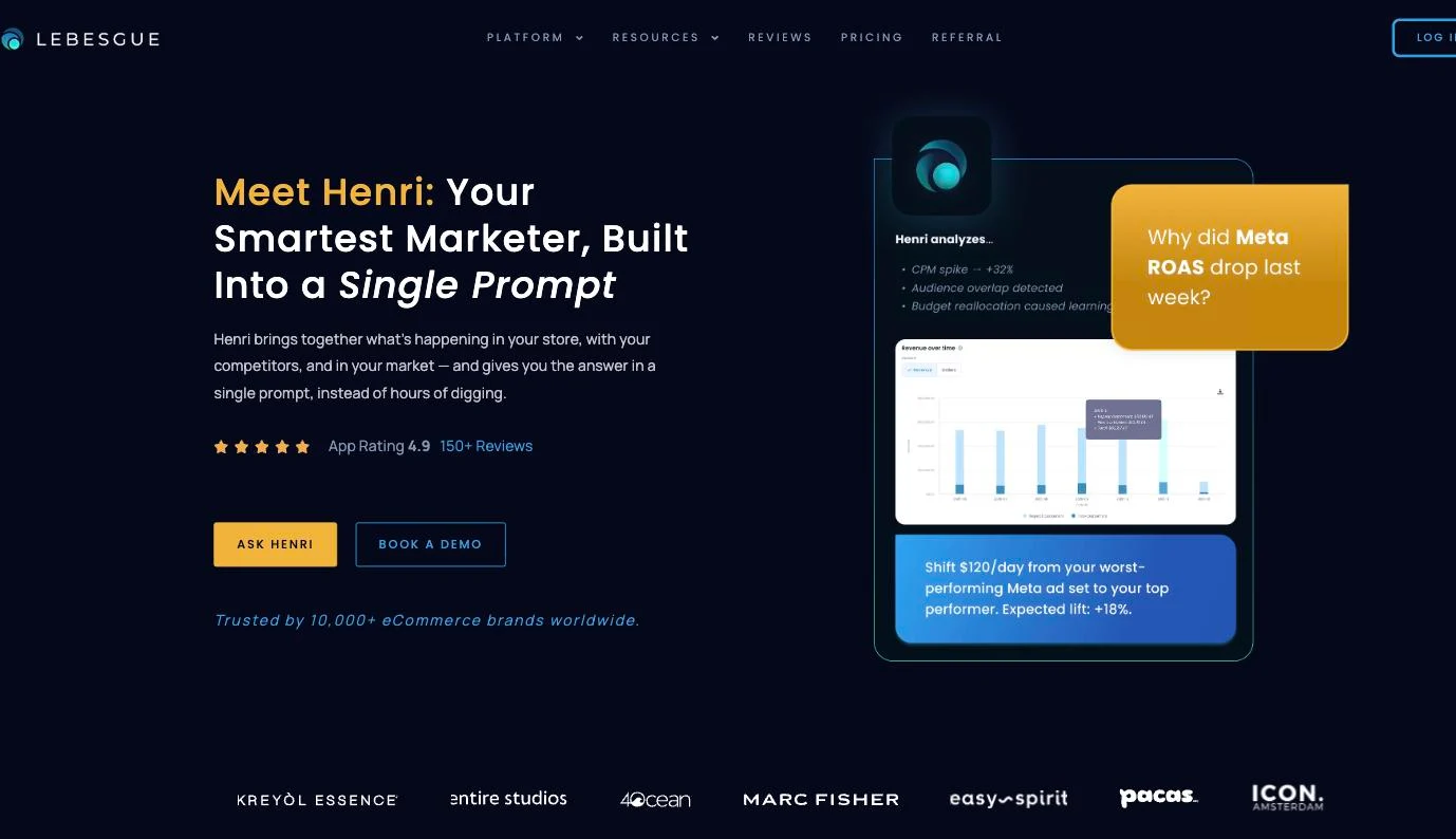 Lebesgue homepage presenting Henri, its AI marketing analyst for ecommerce stores