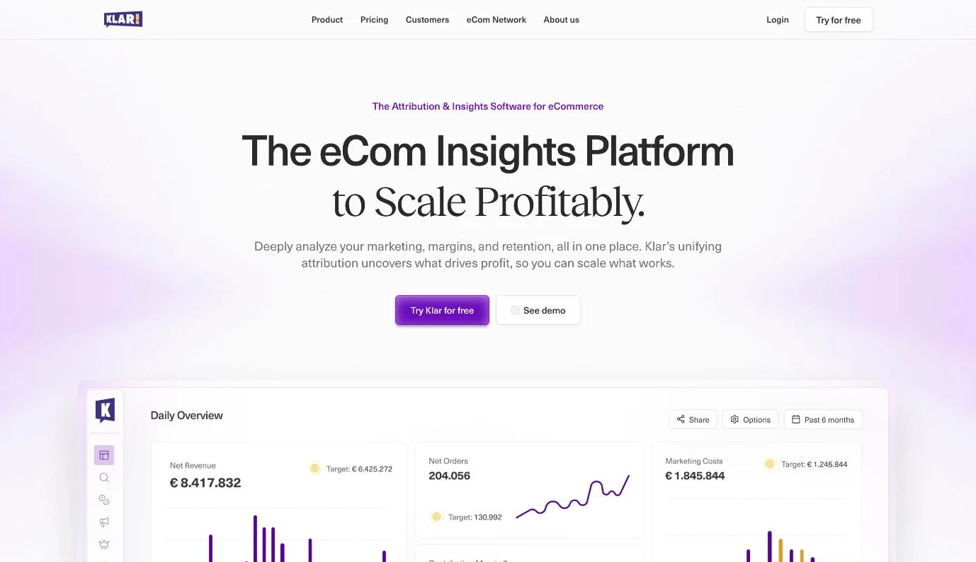 Klar homepage presenting its ecommerce insights platform with a daily overview dashboard