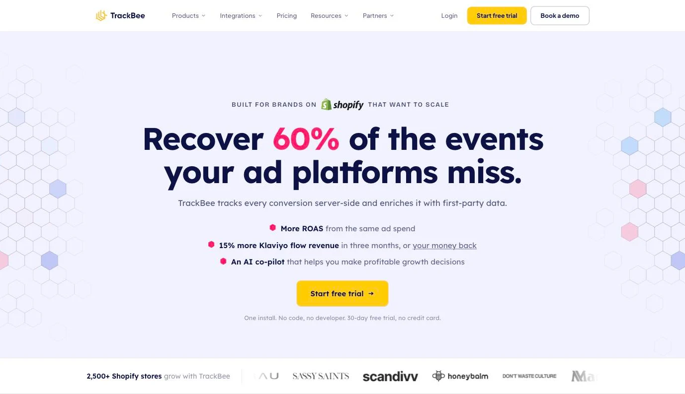 TrackBee homepage presenting its server-side conversion tracking for Shopify brands