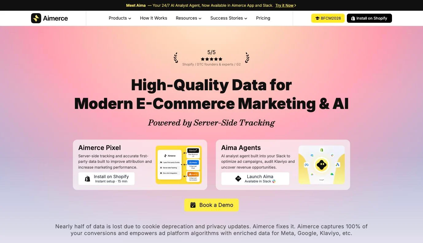 Aimerce homepage presenting its Aimerce Pixel for server-side tracking and its Aima AI agents
