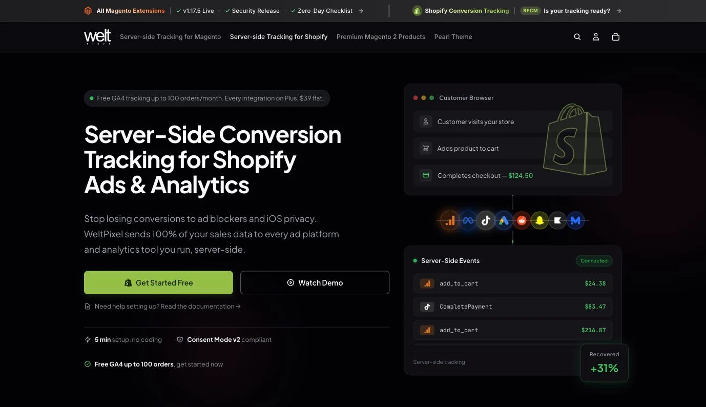 WeltPixel page presenting its server-side conversion tracking app for Shopify