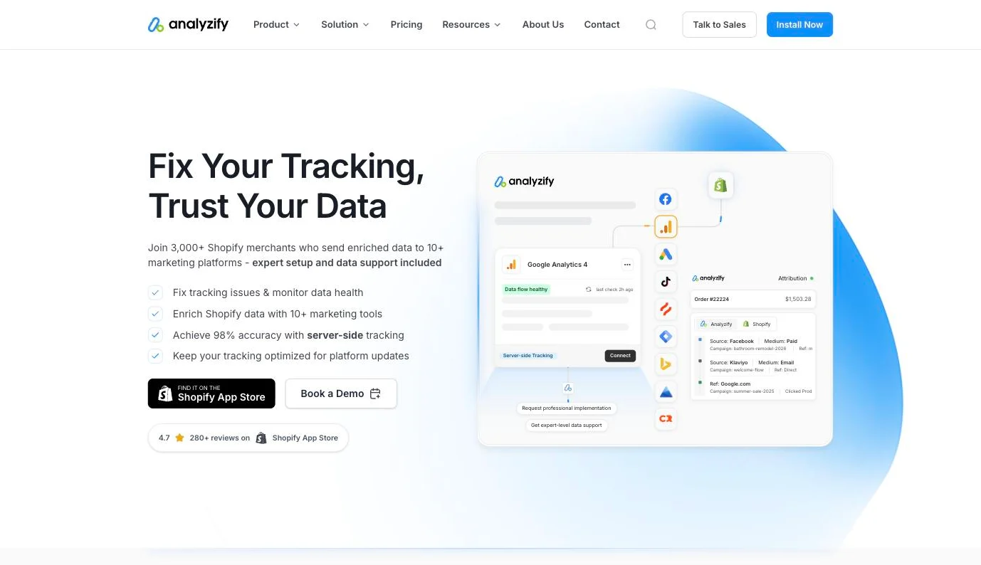 Analyzify homepage presenting its server-side tracking and analytics app for Shopify