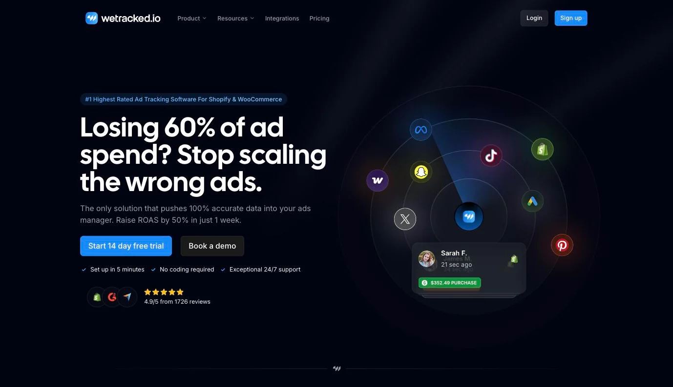 wetracked.io homepage presenting its ad tracking that pushes conversions back to the ad managers