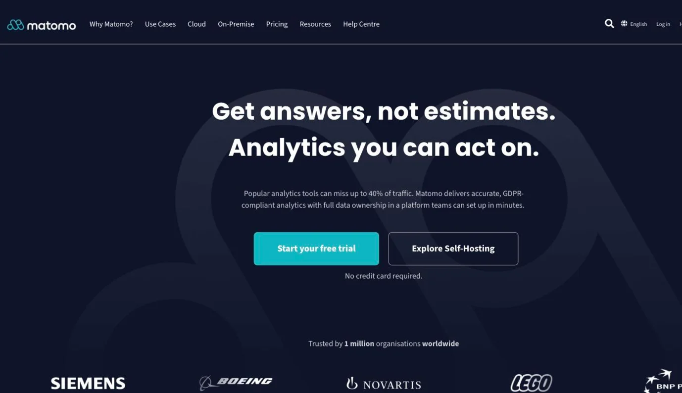 Matomo homepage presenting its GDPR-compliant analytics with full data ownership