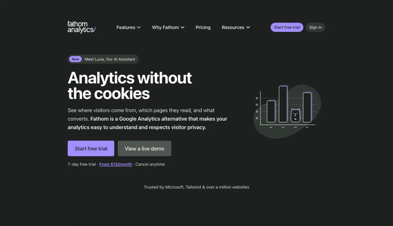 Fathom Analytics homepage presenting its cookie-free website analytics