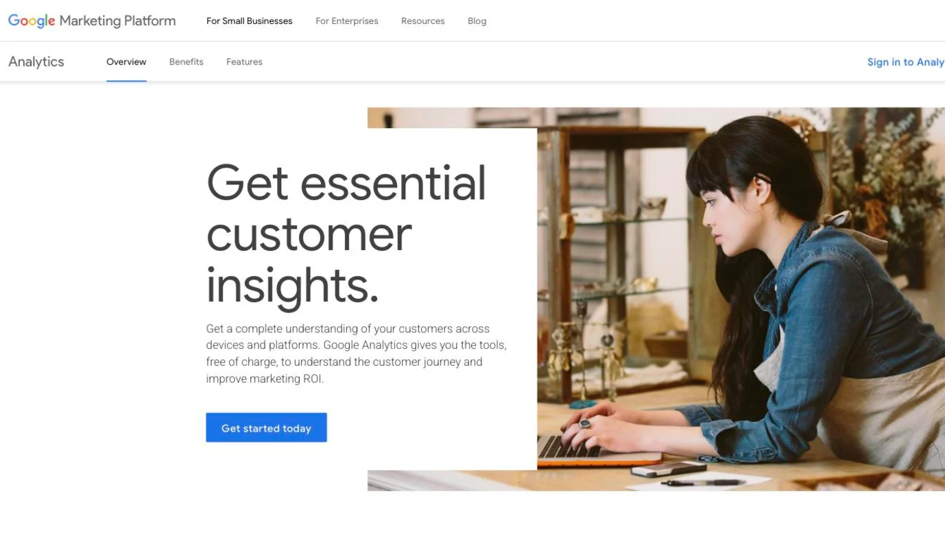 Google Analytics page on Google Marketing Platform presenting its free analytics for businesses