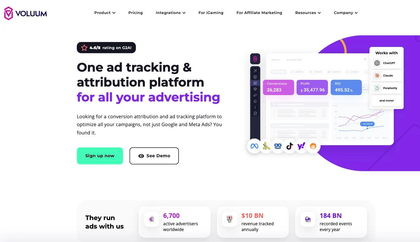 Voluum homepage presenting its ad tracking and attribution platform for media buyers