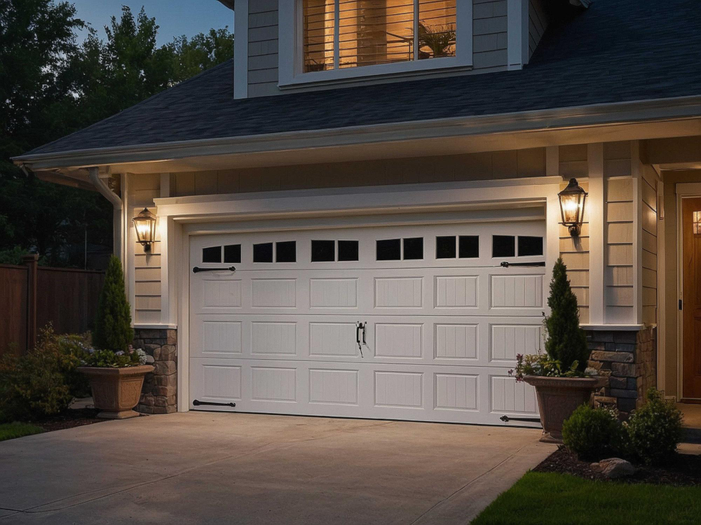 White garage door with decorative windows and lights on both sides of a house exterior at night.