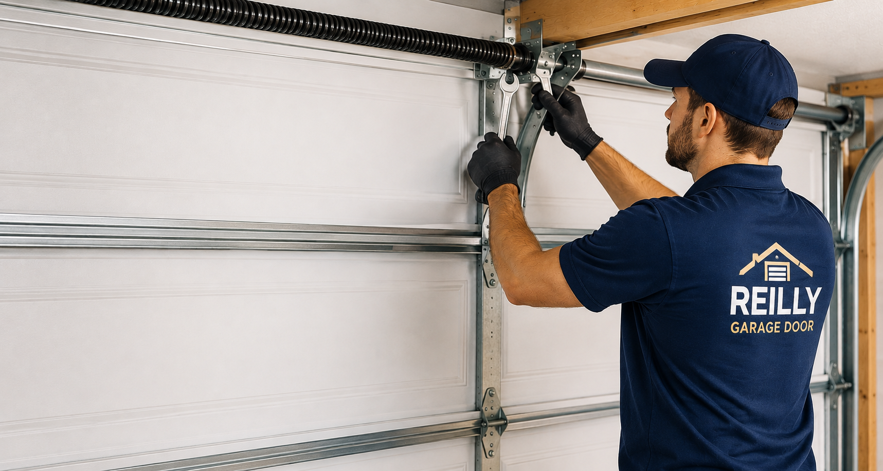 Technician in navy shirt and cap fixing hardware on a white garage door with wrenches.