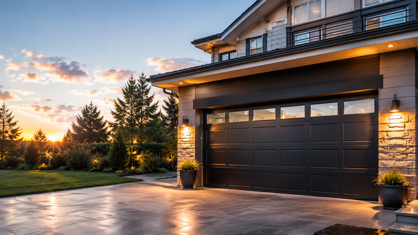 Modern house garage with closed dark door and exterior lights at sunset with trees and lawn.